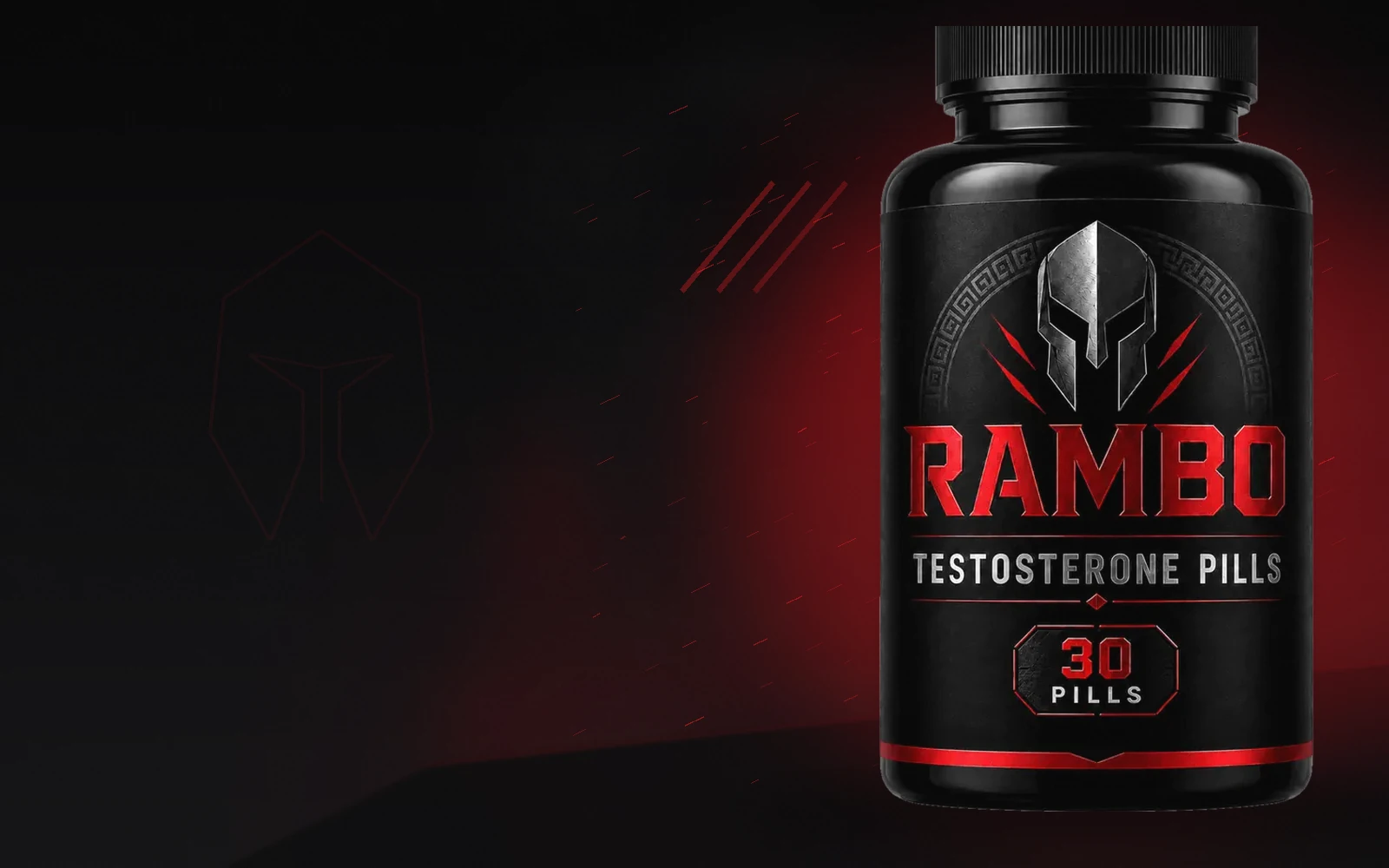 RAMBO 30-pill men's wellness supplement bottle on a black and red background