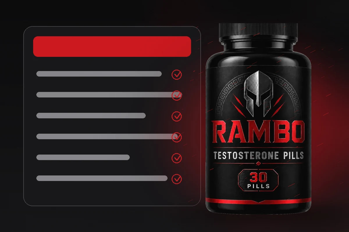 Stylized supplement label checklist beside the RAMBO bottle