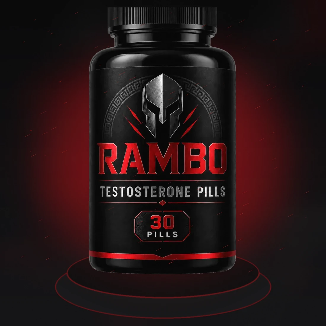 RAMBO bottle displayed on a dark red pedestal